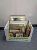 A box containing antique and later colour and black and white etchings, framed tapestries,