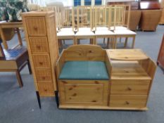 A pine telephone table together with a wicker five drawer chest on metal legs