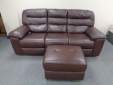 An Oakland furniture brown leather three seater settee with footstool