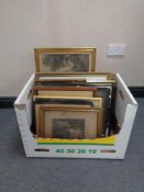 A box containing antique and later black and white etchings, framed pencil sketch of a boy etc.