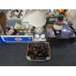 Three boxes containing assorted china to include table lamp with shades,