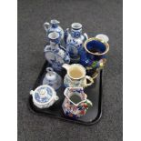 A tray containing assorted china to include Delft vases, Mason's regency jug,