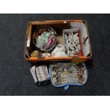 A box of antique doll, china and metal thimbles, racks,