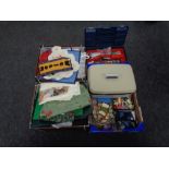 Three boxes containing sewing threads, zips, material etc.