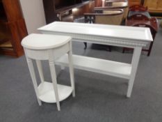 A painted D-shaped hall table together with a further contemporary two tier side table