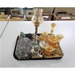 A tray of brass candle holder with glass shade, cased Art Deco manicure set,