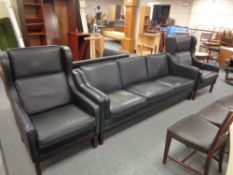 A twentieth century Danish black leather three piece lounge suite comprising of three seater settee