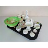 A tray of assorted cabinet china, Wedgwood and Aynsley vases, cabbage leaf salad bowl with servers,