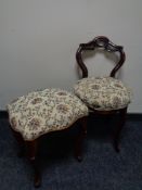 An antique stained beech tapestry seated dressing table chair together with similar footstool