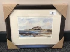 After Tom MacDonald : Bamburgh Castle from the beach, reproduction in colours, signed in pencil,