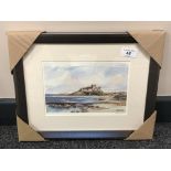 After Tom MacDonald : Bamburgh Castle from the beach, reproduction in colours, signed in pencil,