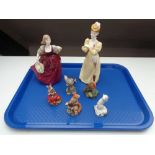 A tray of two bone china lady figures, five small Border Fine Arts figures including squirrel,