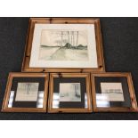 Four pine framed landscape scene prints (4)