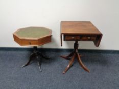 A mahogany flap-sided sofa table fitted two drawers together with a hexagonal occasional table with