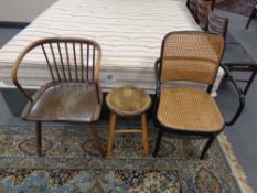 Two bentwood armchairs together with a beech four legged stool