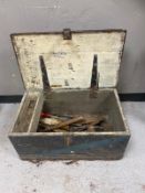 An early 20th century joiner's tool box containing various hand tools