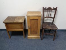 An Edwardian bedroom chair together with a pot cupboard and a sewing box.