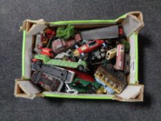 A box containing play one die cast vehicles, tin plate rolling stock etc.