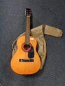 An acoustic guitar in carry bag.