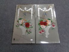 A pair of early 20th century frameless bevel edged etched hand painted mirrors.