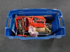 A box of assorted tools to include spanners, drill bits, socket sets,