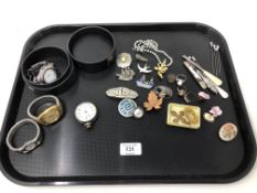 A tray of costume jewellery, watches, silver brooch,