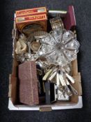 A box containing 20th century pressed glass, cased and uncased cutlery,