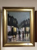 A Barry Hilton oil on canvas, figures on a lamp lit street, in gilt frame.