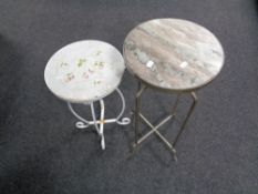 A metal marble top plant stand together with a further metal tile topped plant stand.