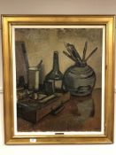 I Wichmann : Still life of an artist's box and brushes, oil on canvas, signed, dated '35 ,
