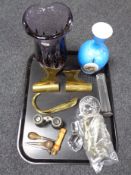 A tray containing miscellania to include lead crystal decanter stopper, vintage opera glasses,