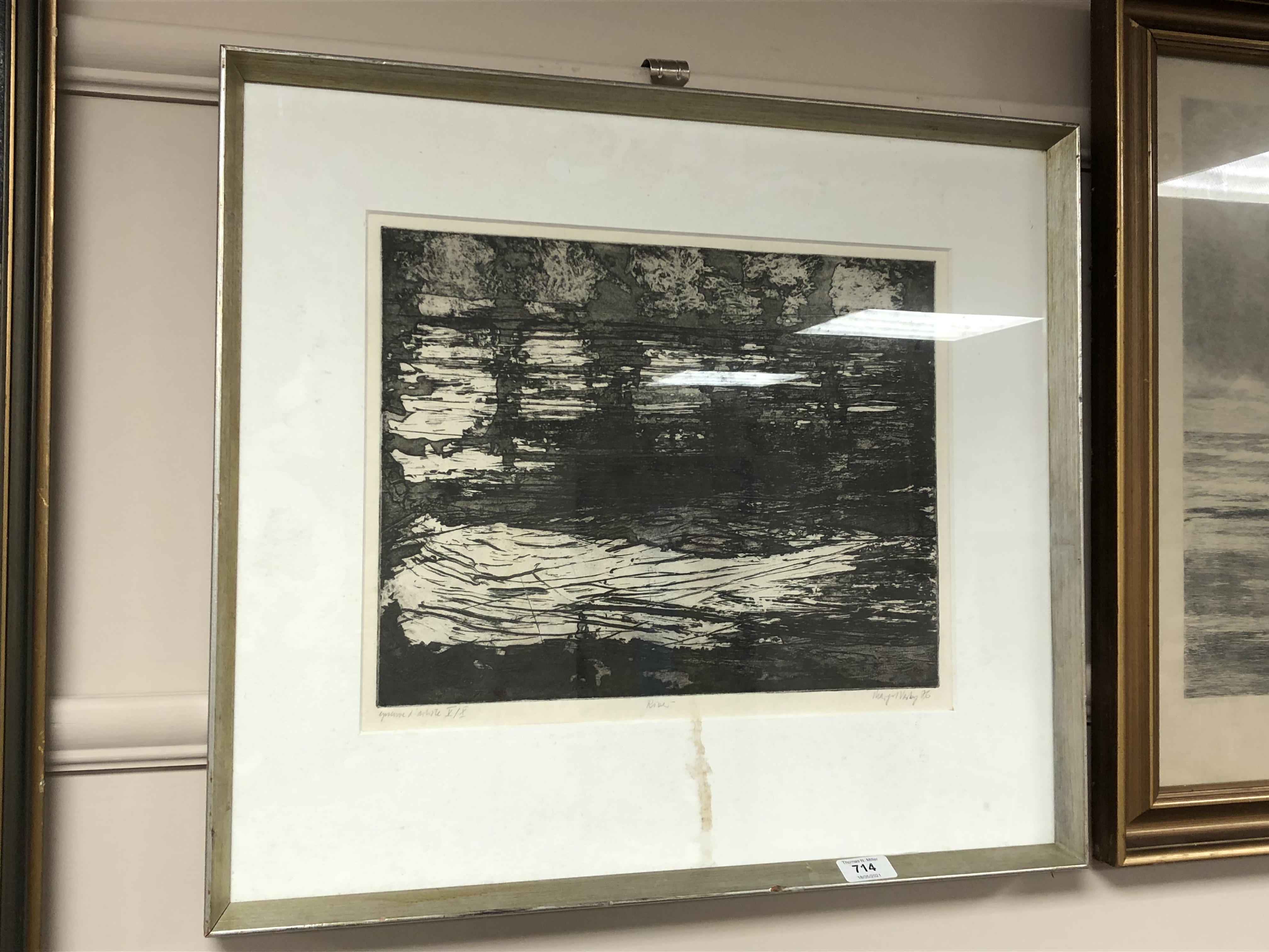 Twentieth century school : River, drypoint etching, indistinctly signed, 41 cm x 32 cm, framed.