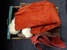 A box containing a vintage suede coat with fur collar and cuffs, simulated fur coat and muff,