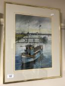 John C. Currie , Fishing Boat at Albert Edward Dock, pastel, in a brass frame.