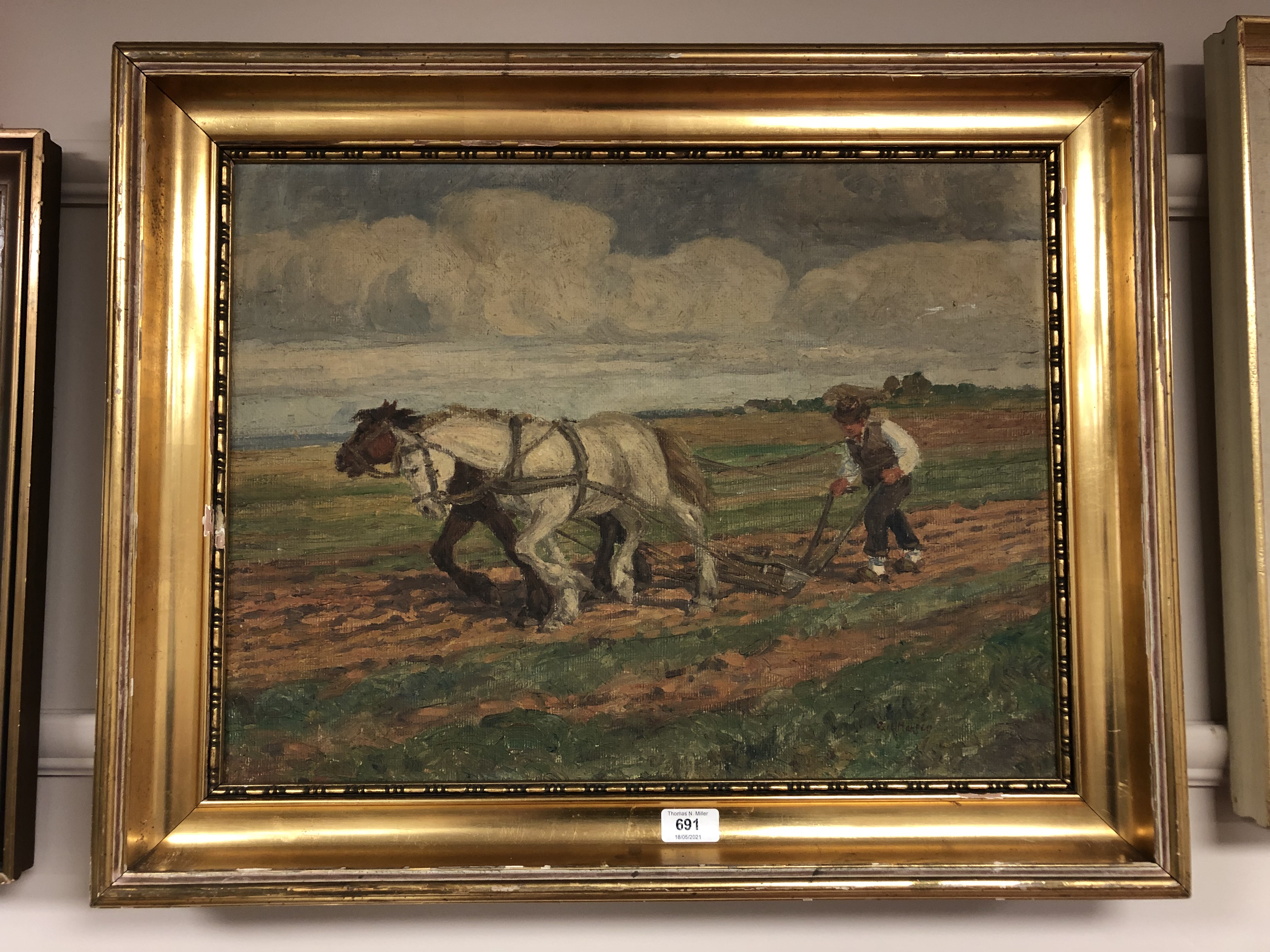 Continental School : Horses ploughing a field, oil on canvas, 55 cm x 42 cm, signed Hansen, framed.