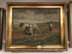 Continental School : Horses ploughing a field, oil on canvas, 55 cm x 42 cm, signed Hansen, framed.