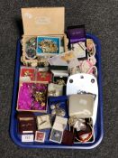 A tray of costume jewellery - brooches, gold plated bangle, rings,