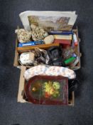 Two boxes containing miscellania to include soft toys, Ringtons caddy, wooden jewellery box,