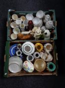 Two boxes containing assorted china to include figures, Japanese eggshell tea service,