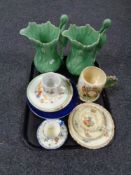 A tray containing assorted china to include a pair of Sylvac stalk handled jugs (AF),