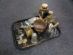 A tray of assorted metal wares - brass ornaments, oil lamp, cigarette cases,