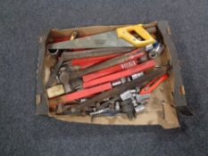 A box of vintage and later hand tools, Alan keys, socket sets,