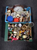 Two boxes containing assorted china and ornaments, wall clock, kitchen storage tin etc.