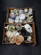 Two boxes containing assorted china to include willow pattern tea and dinner ware,