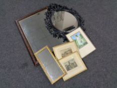 Three framed mirrors together with two colour etchings and one further Edwardian print.