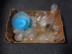 A box of assorted 20th century and later glass ware to include blue glass dessert sets, decanters,