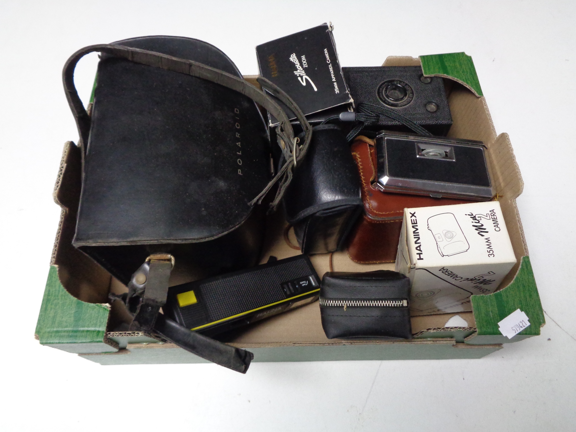 A box containing assorted cameras to include Polaroid, Kodak, Duaflex in leather case, Brownie etc.