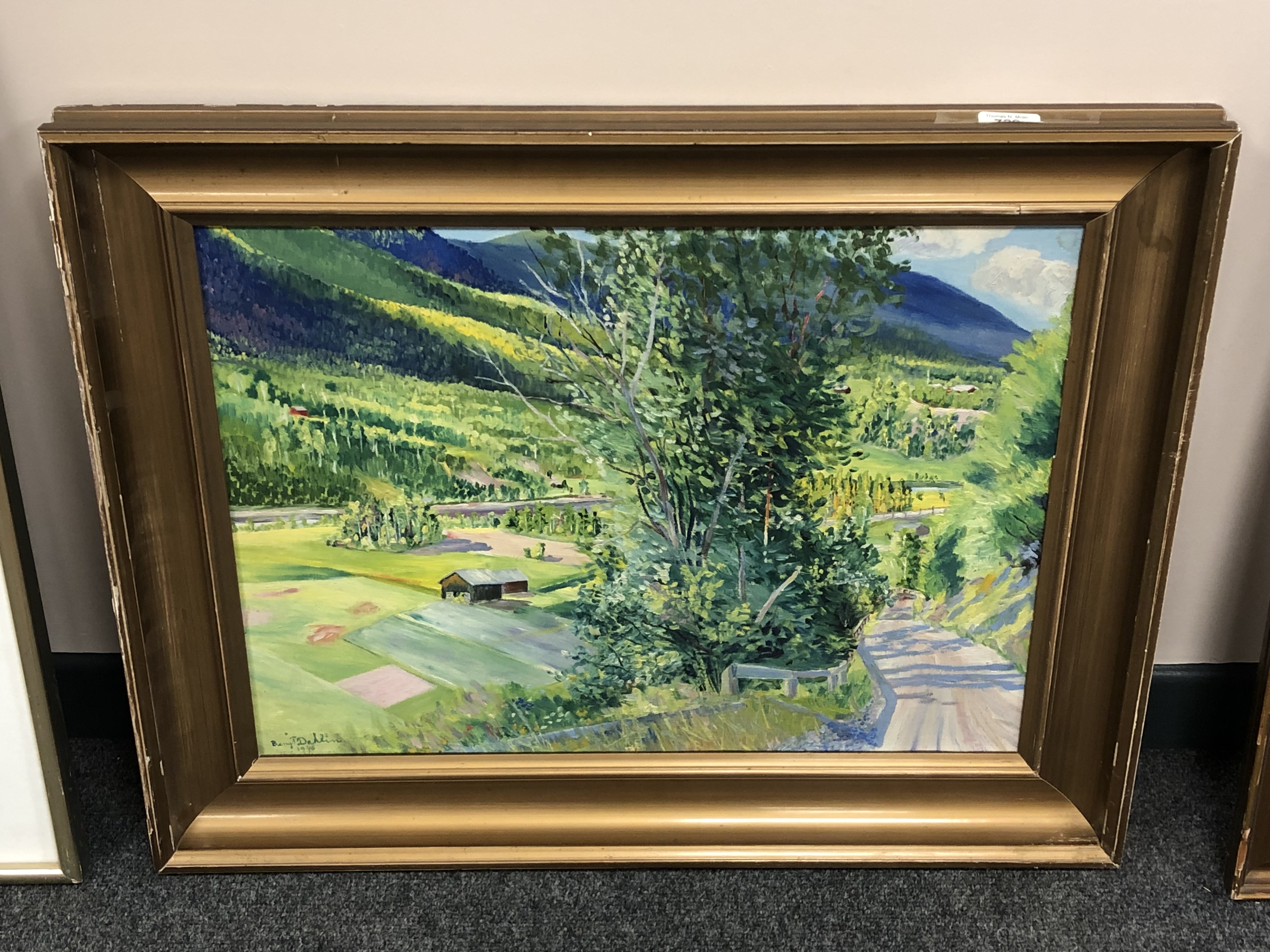 Continental school : Valley landscape, oil on board, indistinctly signed, 58 cm x 43 cm,