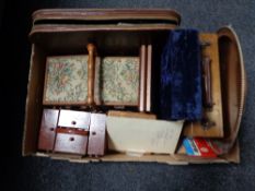 A box containing sewing boxes with contents, cased goblets, a leather cased stationary set,