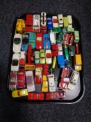 A tray of mid 20th century and later play worn die cast vehicles including Dinky Victor ambulance,